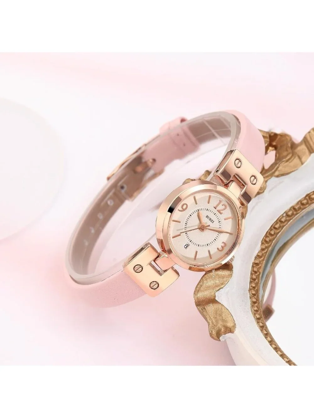 Women's White Pink Gold Elegant Dial with Leather Strap Minimalist Wrist Watches